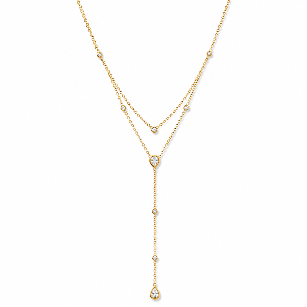Gold Layered Y Necklace for Women, Dainty Teardrop Crystal Lariat Necklace, 925 Sterling Silver Adjustable Double Chain Drop Pendant Jewelry