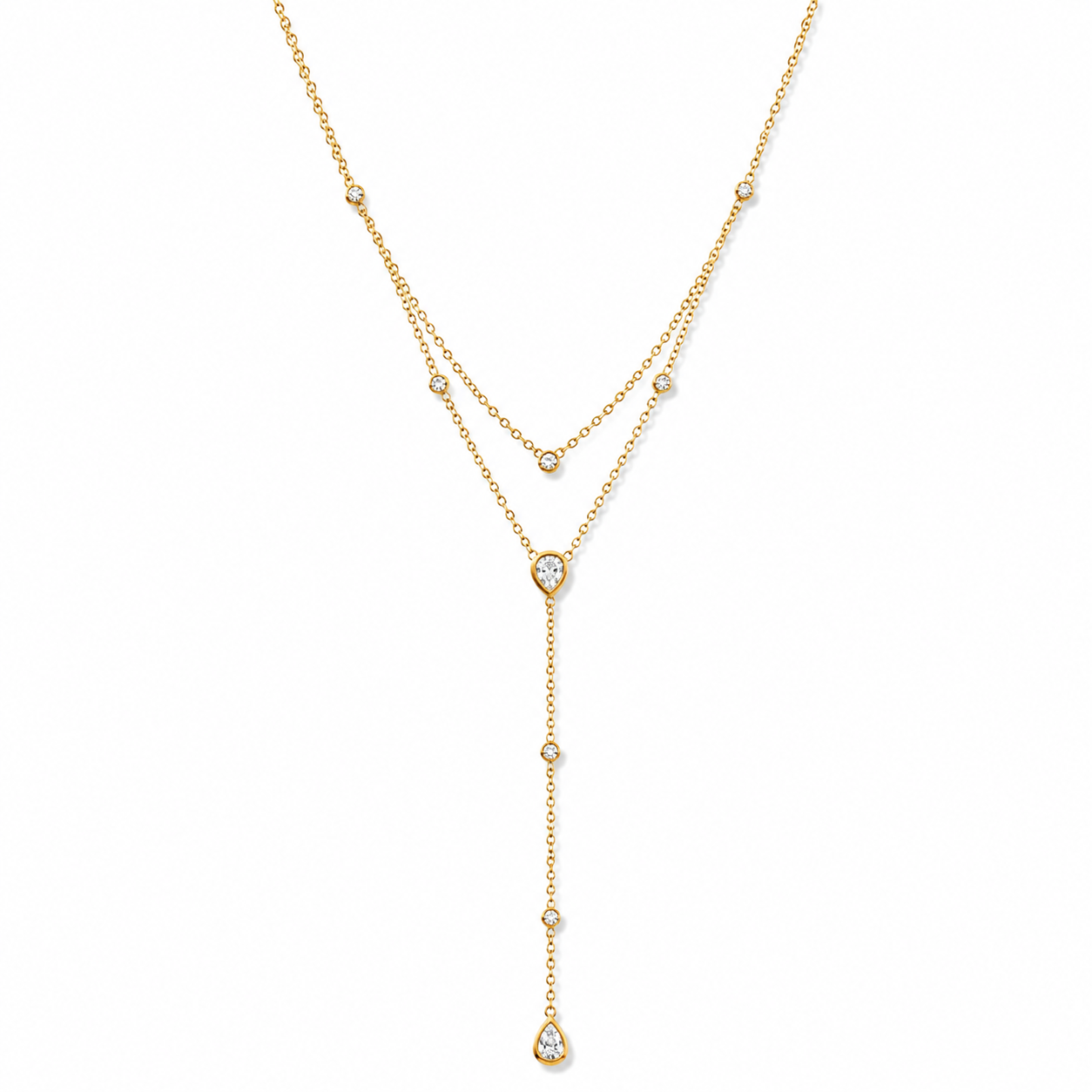 Gold Layered Y Necklace for Women, Dainty Teardrop Crystal Lariat Necklace, 925 Sterling Silver Adjustable Double Chain Drop Pendant Jewelry