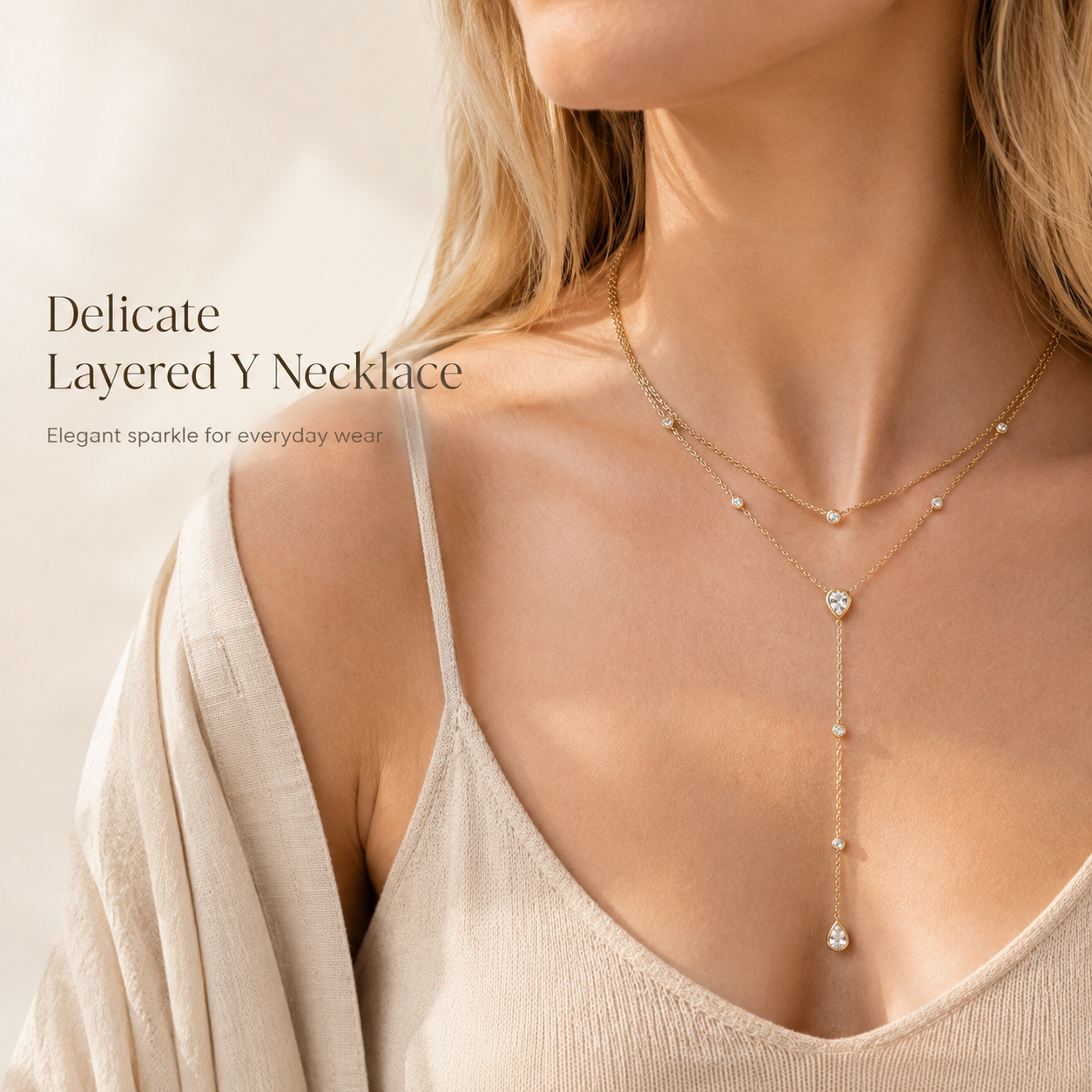 Gold Layered Y Necklace for Women, Dainty Teardrop Crystal Lariat Necklace, 925 Sterling Silver Adjustable Double Chain Drop Pendant Jewelry