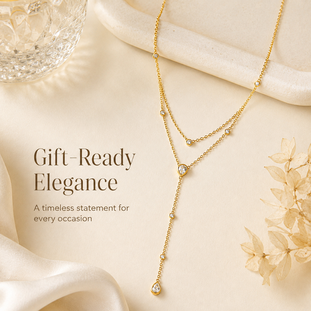 Gold Layered Y Necklace for Women, Dainty Teardrop Crystal Lariat Necklace, 925 Sterling Silver Adjustable Double Chain Drop Pendant Jewelry