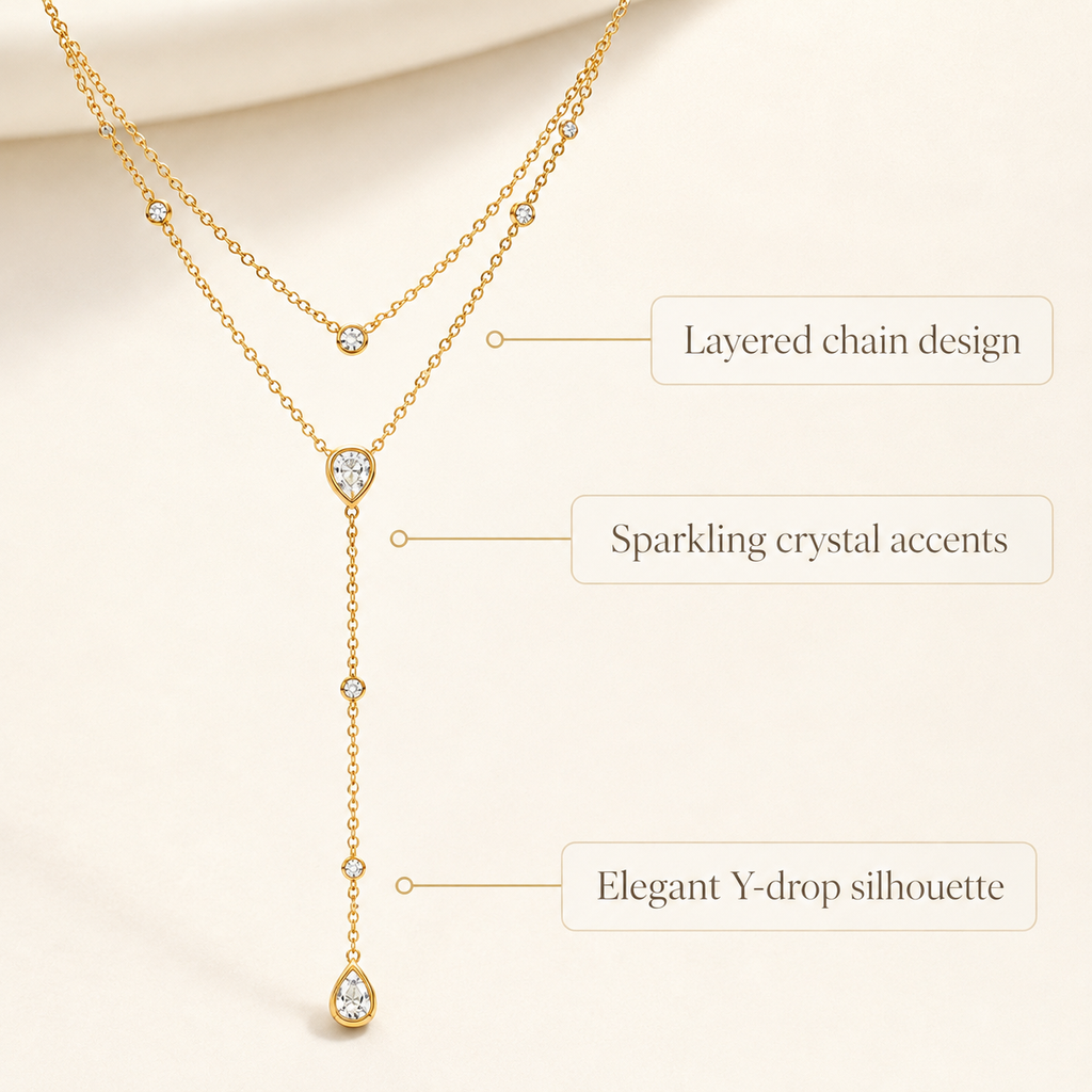 Gold Layered Y Necklace for Women, Dainty Teardrop Crystal Lariat Necklace, 925 Sterling Silver Adjustable Double Chain Drop Pendant Jewelry