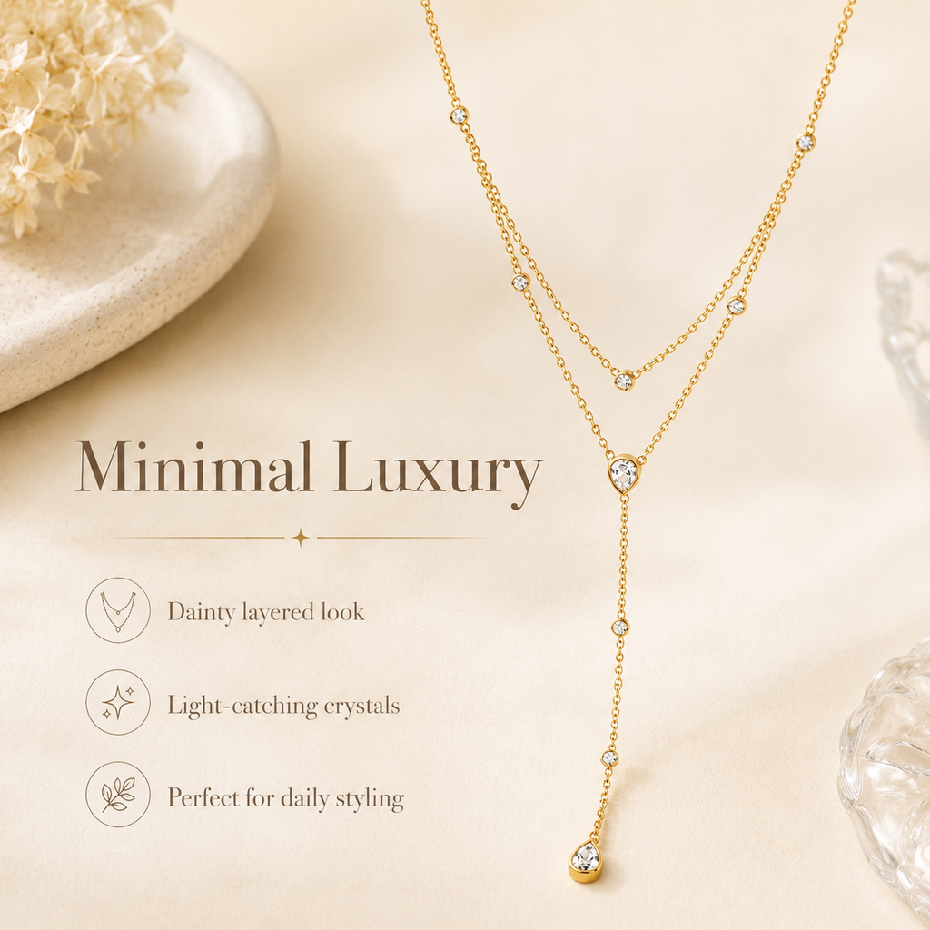 Gold Layered Y Necklace for Women, Dainty Teardrop Crystal Lariat Necklace, 925 Sterling Silver Adjustable Double Chain Drop Pendant Jewelry
