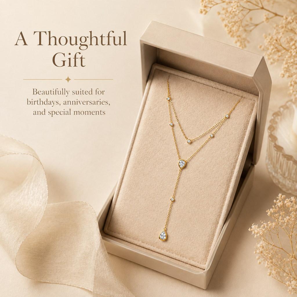 Gold Layered Y Necklace for Women, Dainty Teardrop Crystal Lariat Necklace, 925 Sterling Silver Adjustable Double Chain Drop Pendant Jewelry