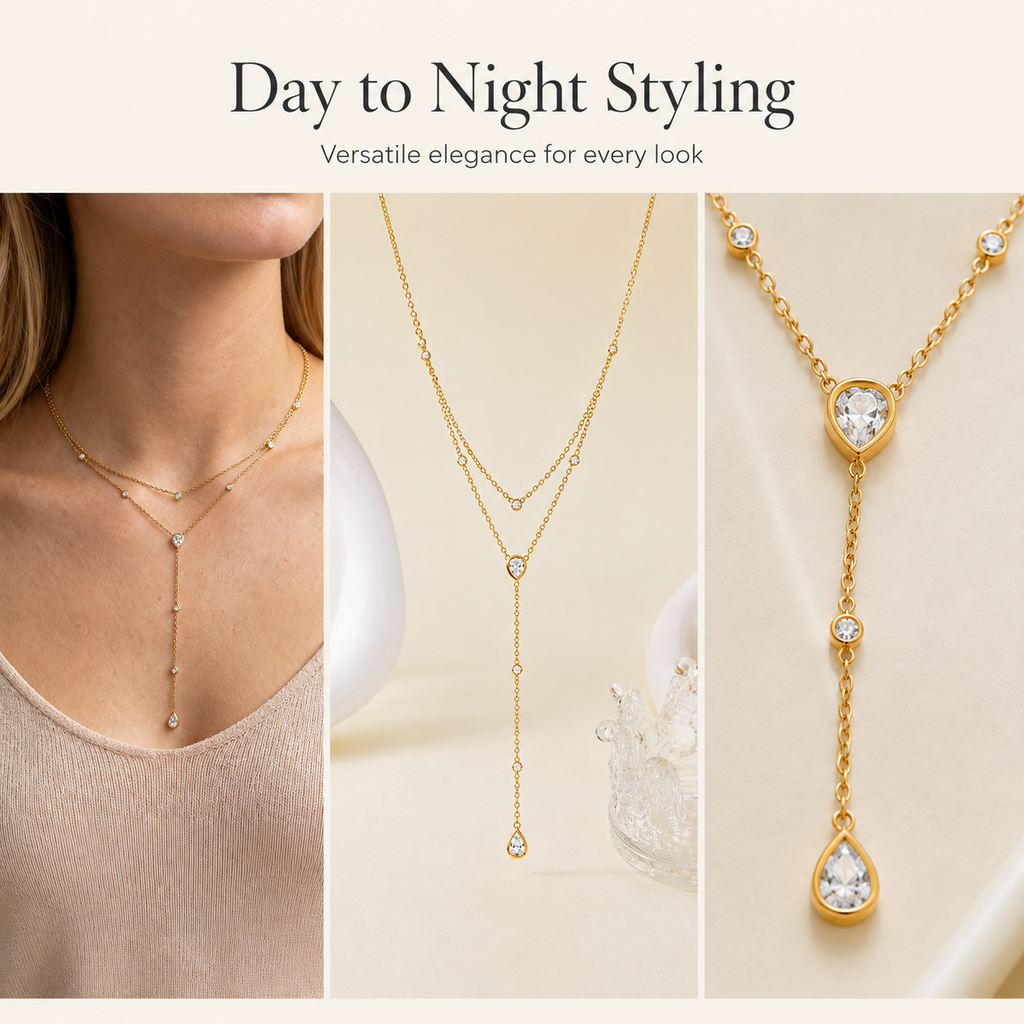 Gold Layered Y Necklace for Women, Dainty Teardrop Crystal Lariat Necklace, 925 Sterling Silver Adjustable Double Chain Drop Pendant Jewelry