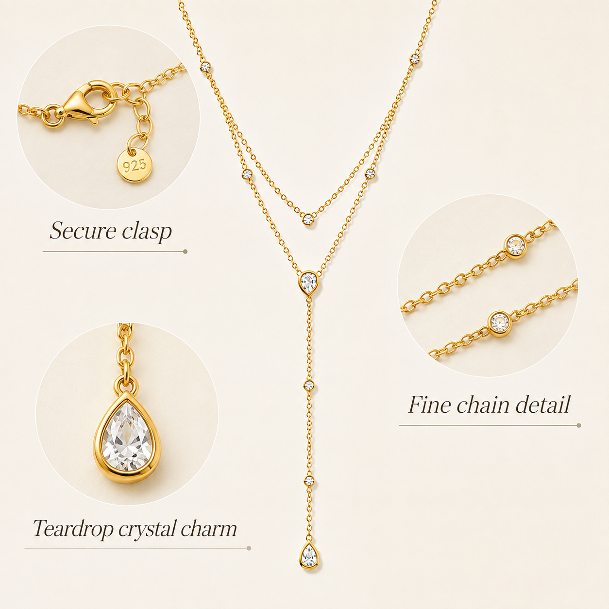 Gold Layered Y Necklace for Women, Dainty Teardrop Crystal Lariat Necklace, 925 Sterling Silver Adjustable Double Chain Drop Pendant Jewelry