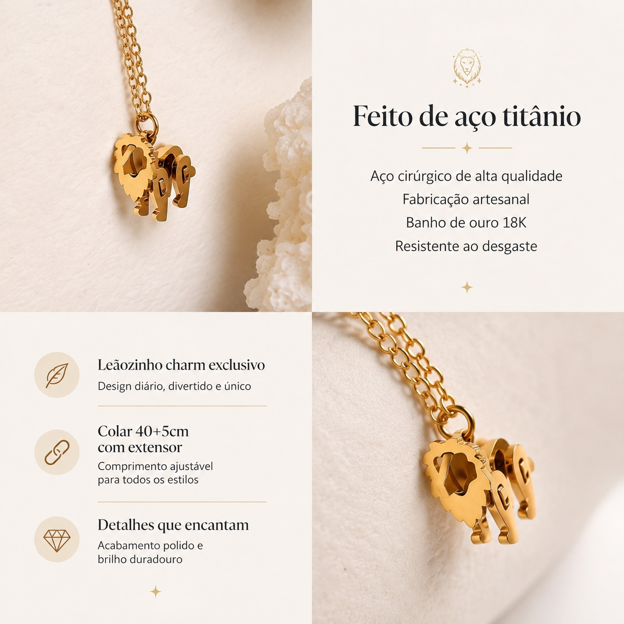 18K Gold Plated Tiny Lion Pendant Necklace, Titanium Steel Hypoallergenic Adjustable Chain Dainty Animal Charm Jewelry Gift for Women