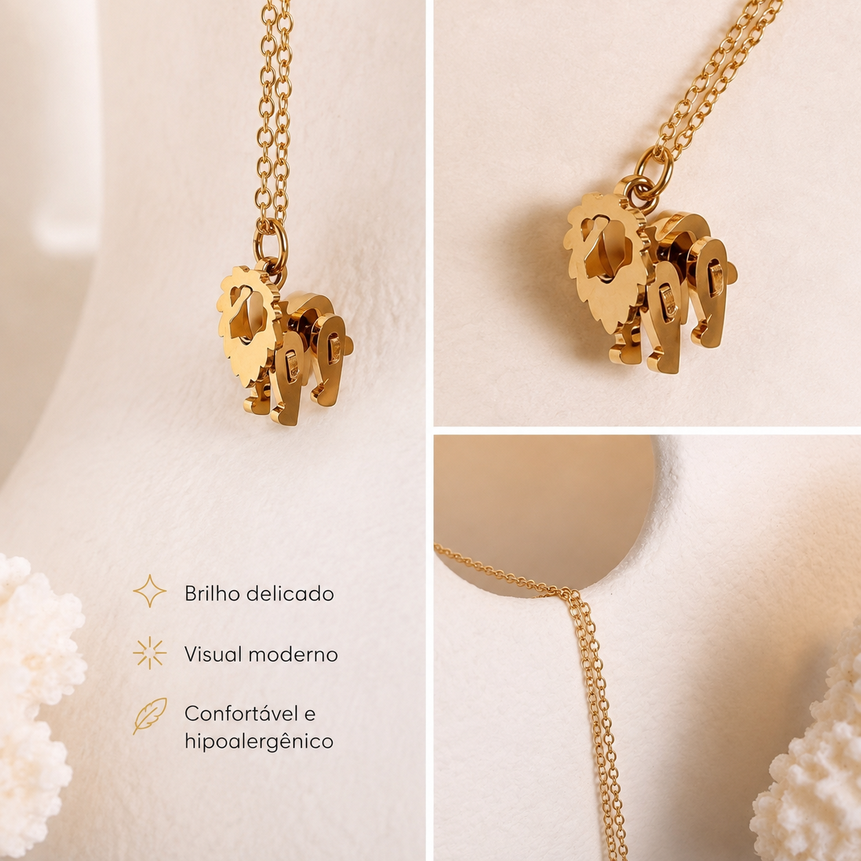 18K Gold Plated Tiny Lion Pendant Necklace, Titanium Steel Hypoallergenic Adjustable Chain Dainty Animal Charm Jewelry Gift for Women