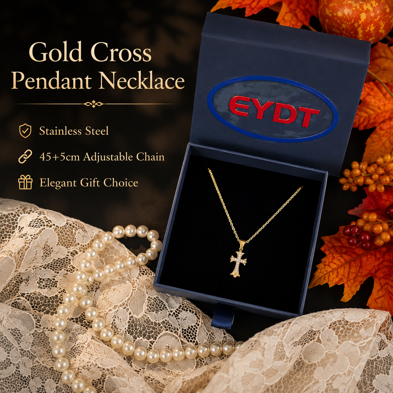18K Gold Plated Crystal Cross Pendant Necklace for Women, Dainty Stainless Steel Rhinestone Cross Necklace, Hypoallergenic Adjustable Chain Faith Jewelry Gift