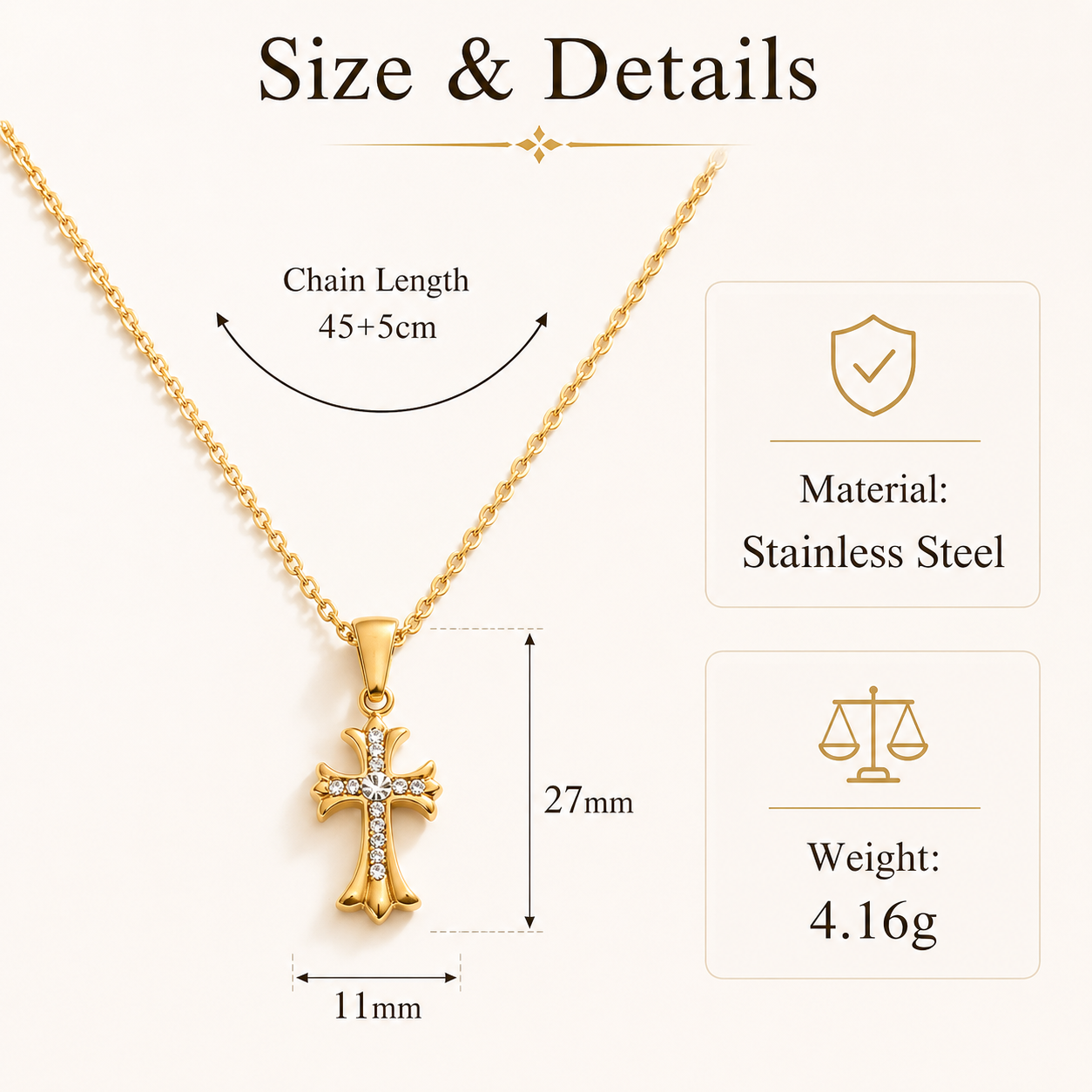 18K Gold Plated Crystal Cross Pendant Necklace for Women, Dainty Stainless Steel Rhinestone Cross Necklace, Hypoallergenic Adjustable Chain Faith Jewelry Gift