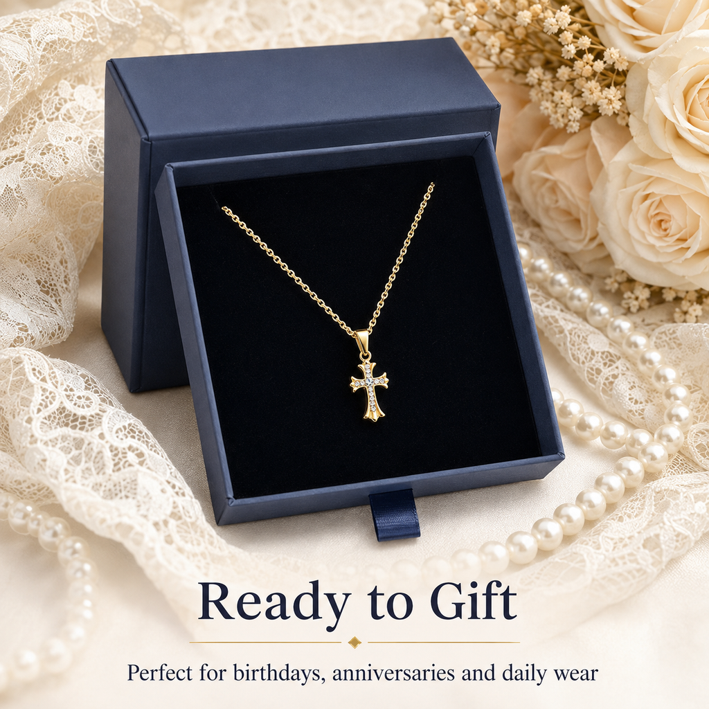 18K Gold Plated Crystal Cross Pendant Necklace for Women, Dainty Stainless Steel Rhinestone Cross Necklace, Hypoallergenic Adjustable Chain Faith Jewelry Gift