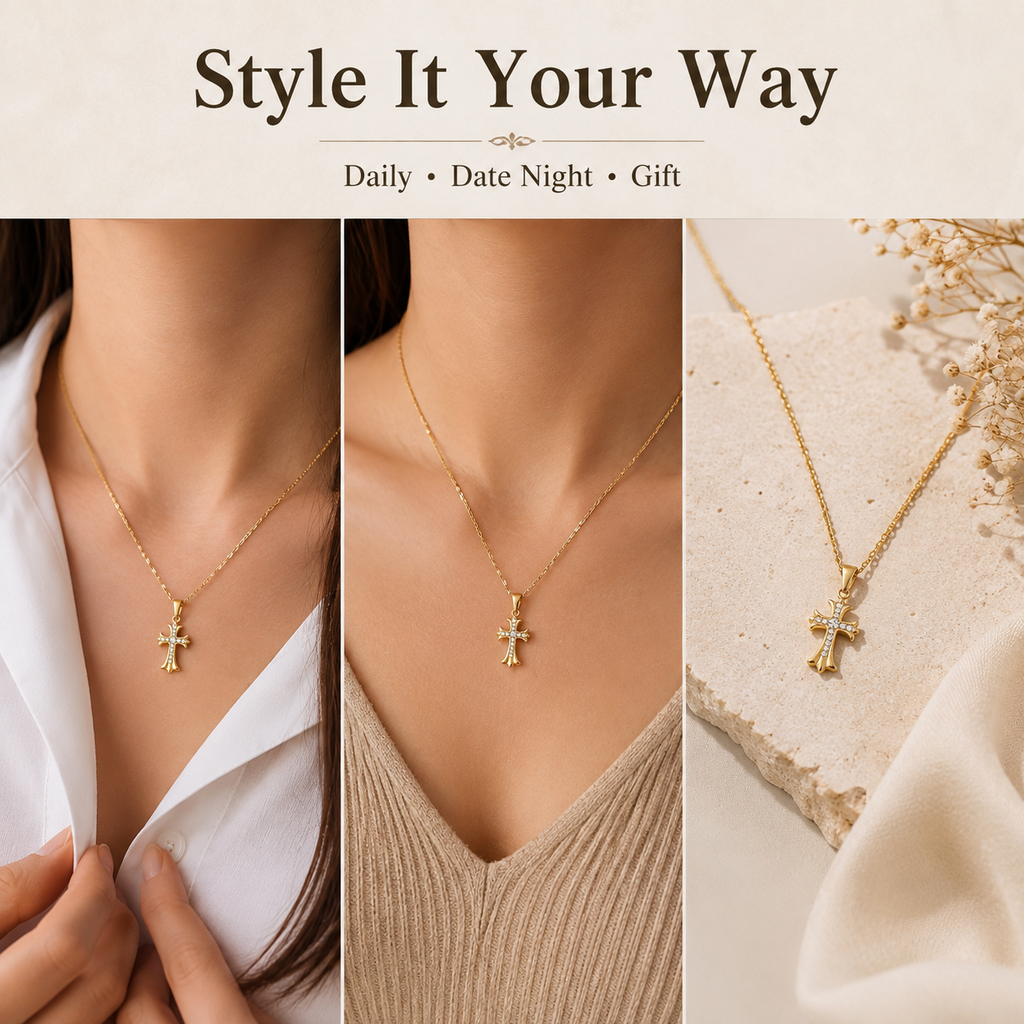 18K Gold Plated Crystal Cross Pendant Necklace for Women, Dainty Stainless Steel Rhinestone Cross Necklace, Hypoallergenic Adjustable Chain Faith Jewelry Gift