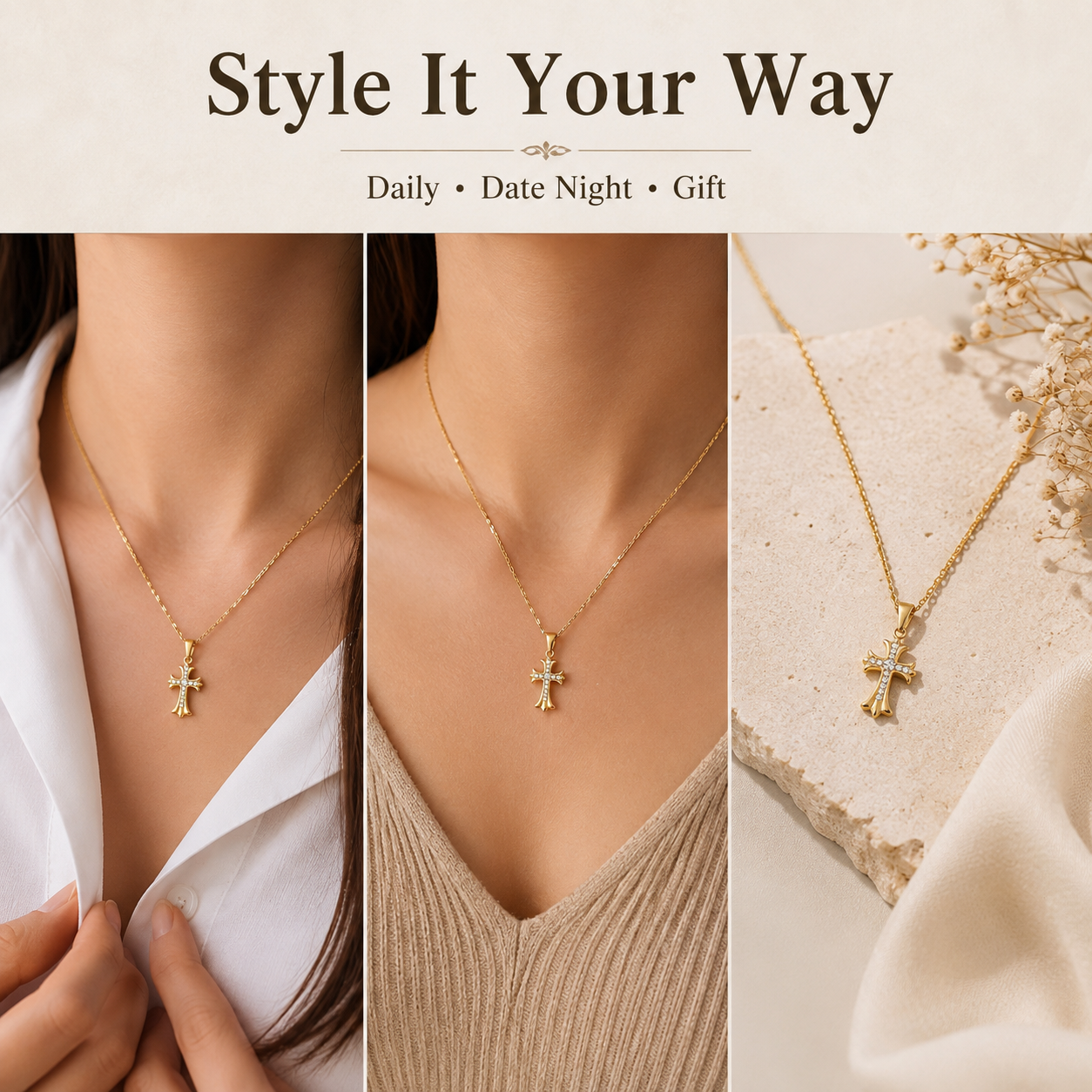18K Gold Plated Crystal Cross Pendant Necklace for Women, Dainty Stainless Steel Rhinestone Cross Necklace, Hypoallergenic Adjustable Chain Faith Jewelry Gift