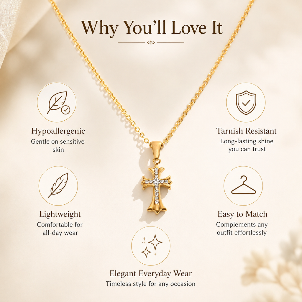 18K Gold Plated Crystal Cross Pendant Necklace for Women, Dainty Stainless Steel Rhinestone Cross Necklace, Hypoallergenic Adjustable Chain Faith Jewelry Gift