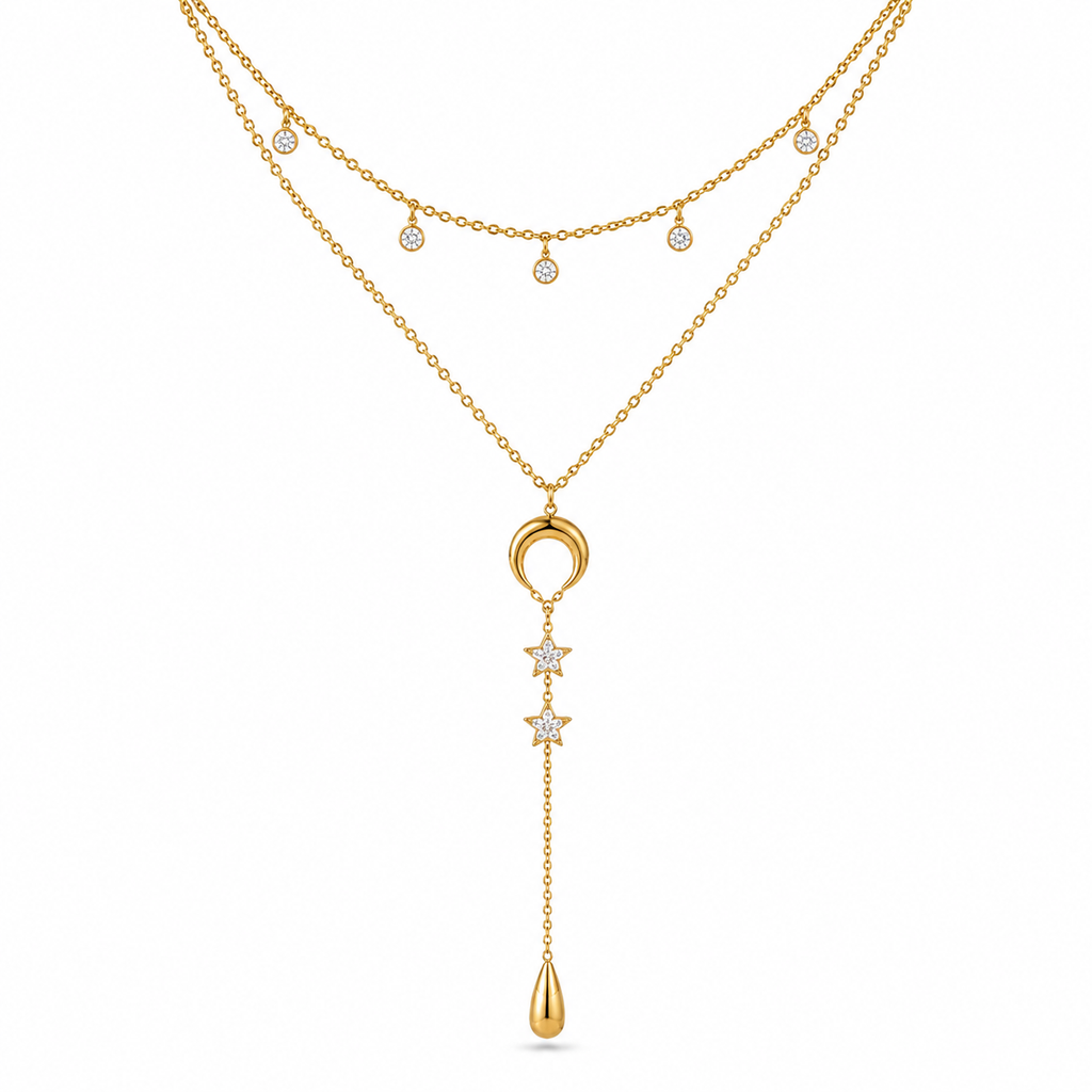 Layered Moon Star Y Necklace Women Stainless Steel Gold Teardrop Lariat Celestial Jewelry