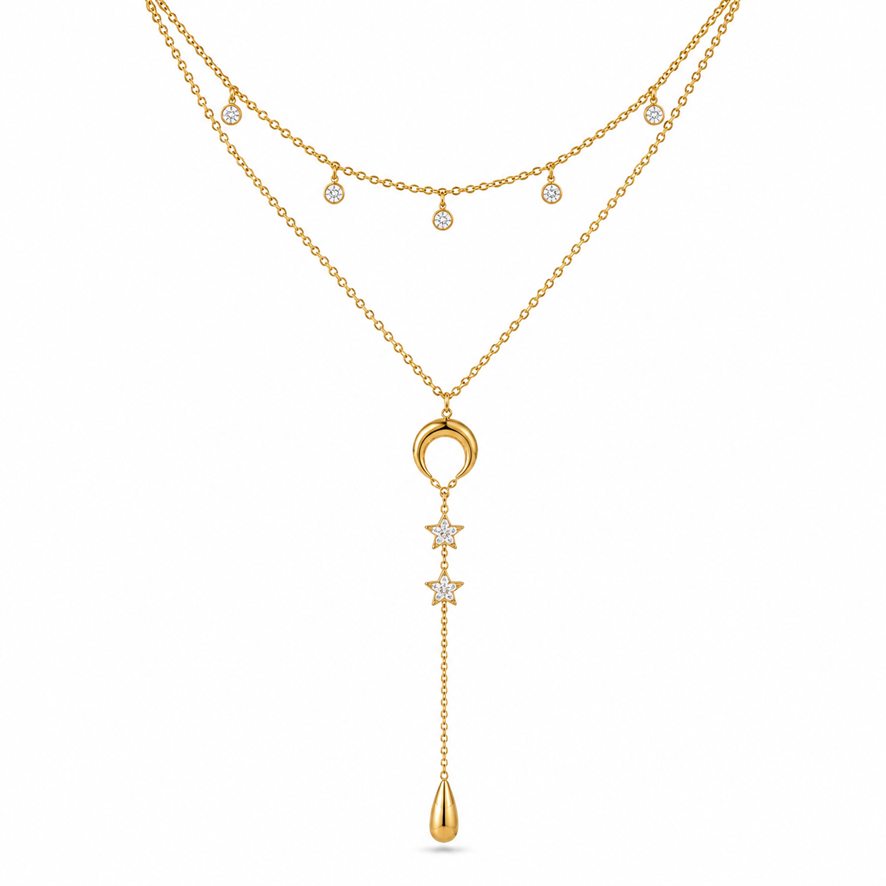 Layered Moon Star Y Necklace Women Stainless Steel Gold Teardrop Lariat Celestial Jewelry