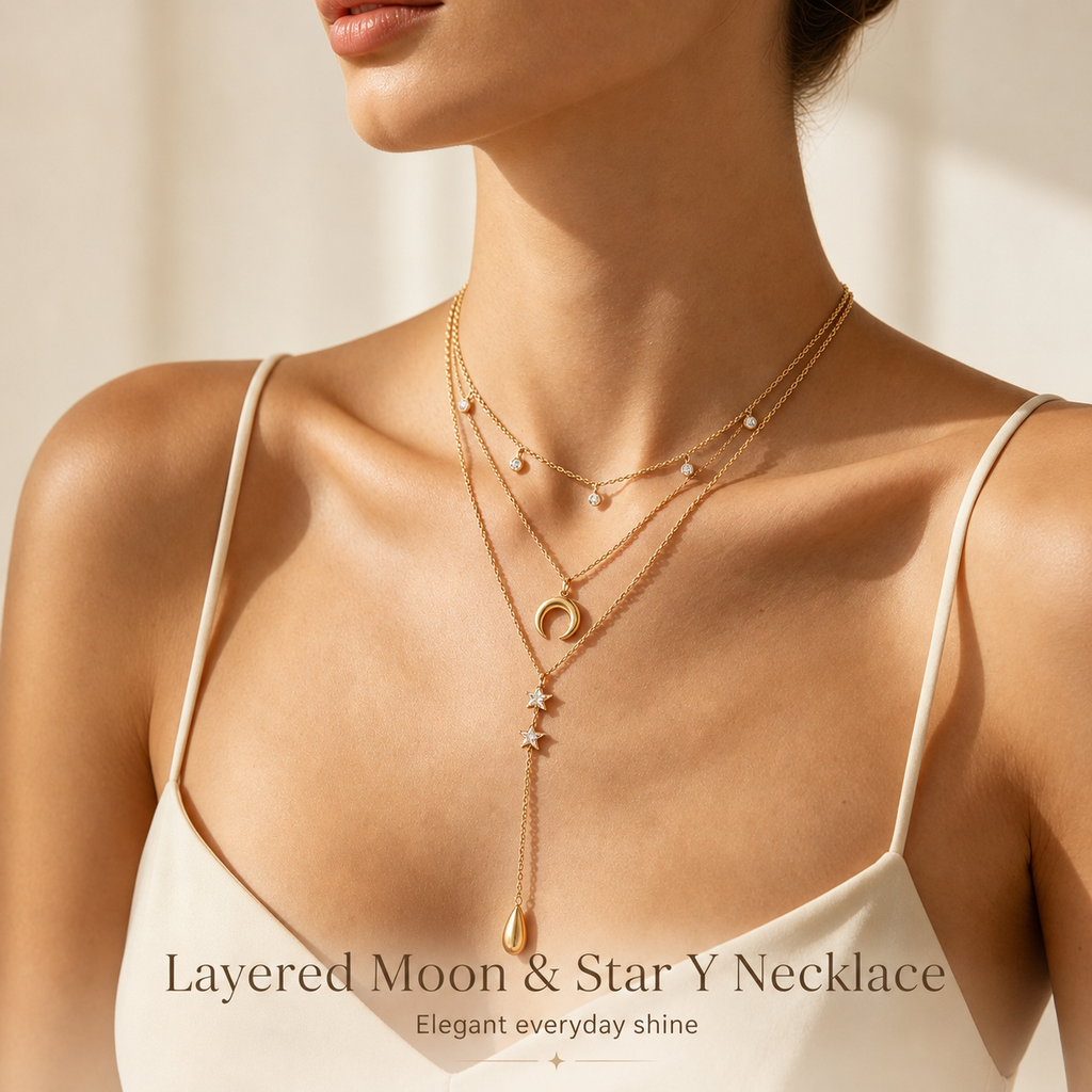 Layered Moon Star Y Necklace Women Stainless Steel Gold Teardrop Lariat Celestial Jewelry