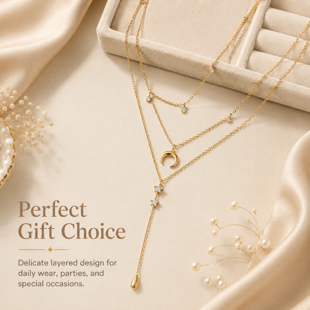 Layered Moon Star Y Necklace Women Stainless Steel Gold Teardrop Lariat Celestial Jewelry