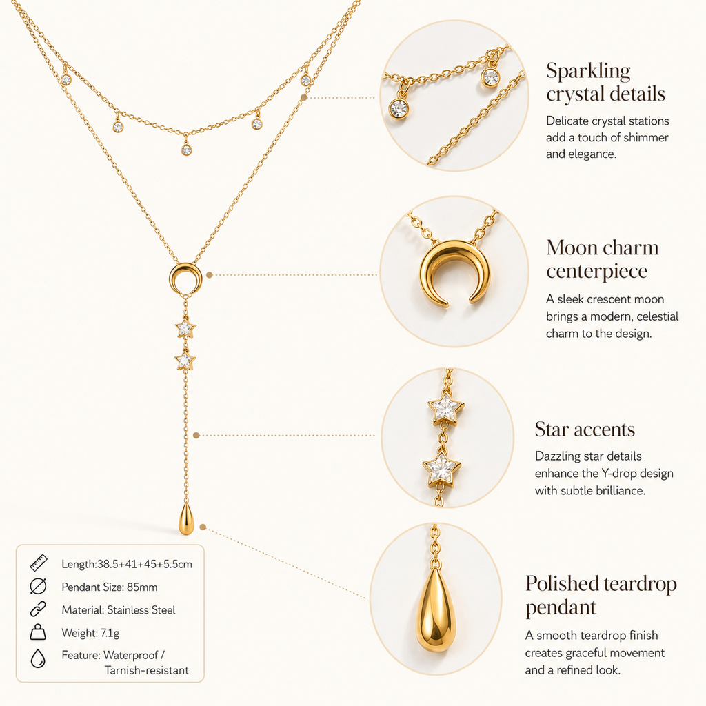 Layered Moon Star Y Necklace Women Stainless Steel Gold Teardrop Lariat Celestial Jewelry
