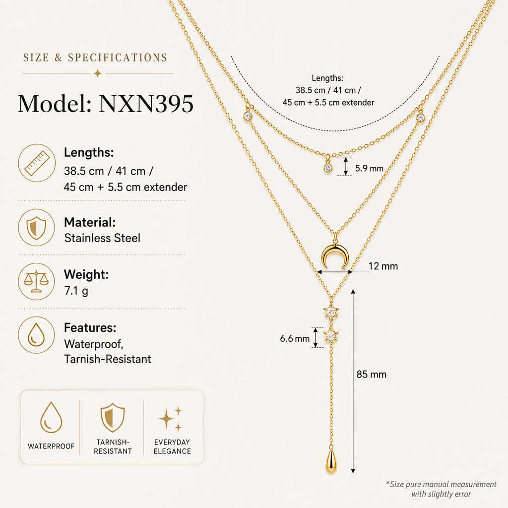 Layered Moon Star Y Necklace Women Stainless Steel Gold Teardrop Lariat Celestial Jewelry
