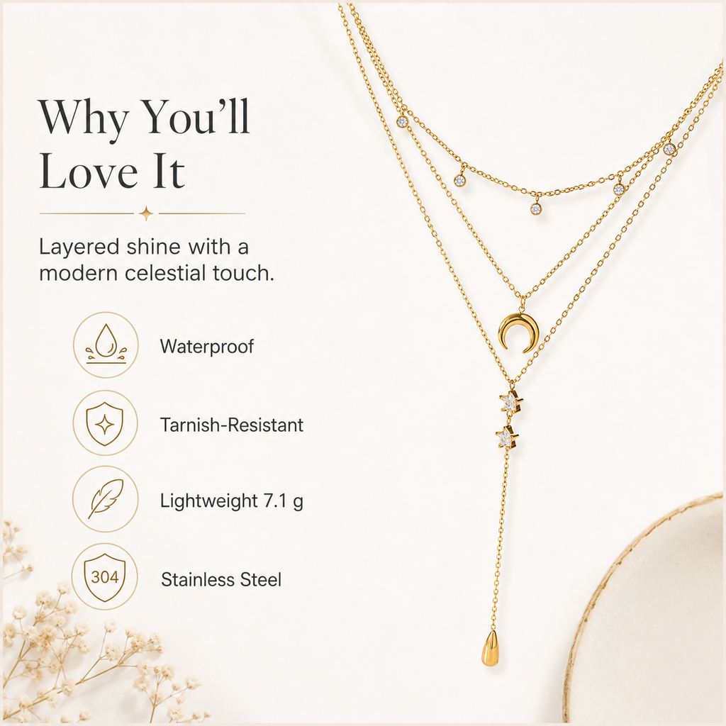 Layered Moon Star Y Necklace Women Stainless Steel Gold Teardrop Lariat Celestial Jewelry