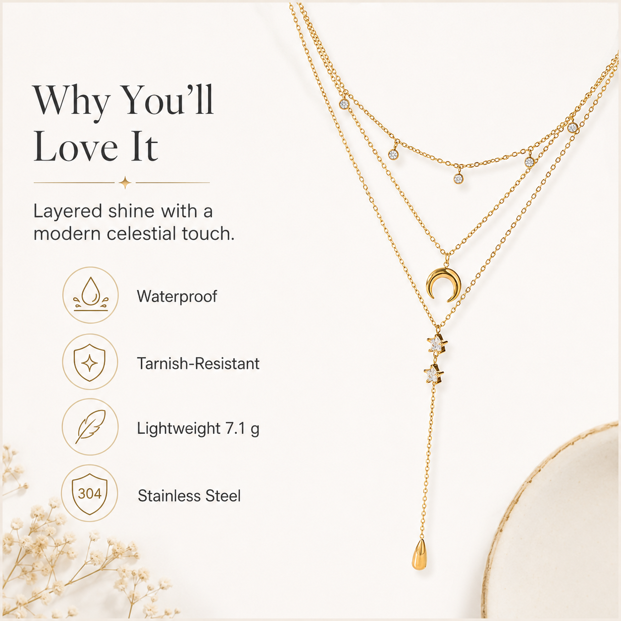 Layered Moon Star Y Necklace Women Stainless Steel Gold Teardrop Lariat Celestial Jewelry