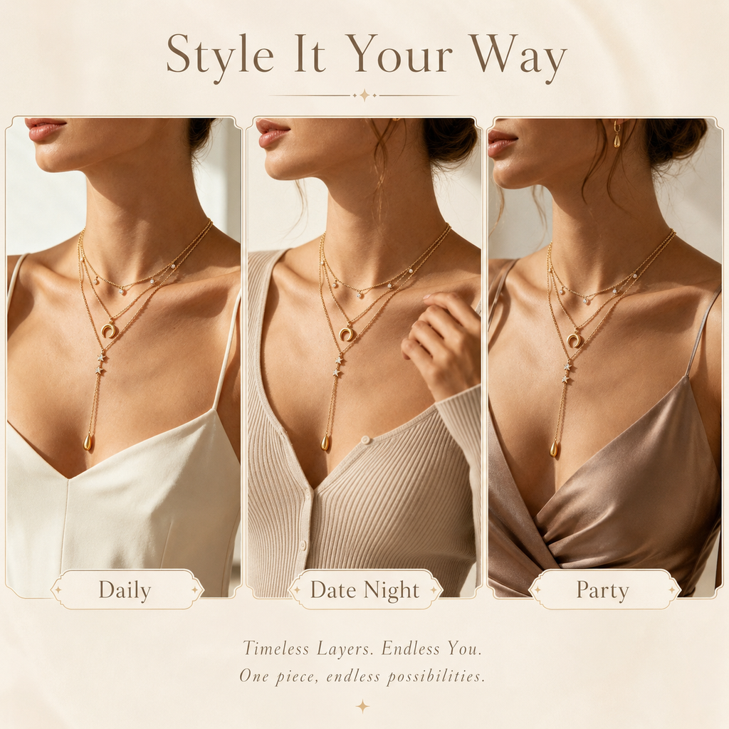 Layered Moon Star Y Necklace Women Stainless Steel Gold Teardrop Lariat Celestial Jewelry