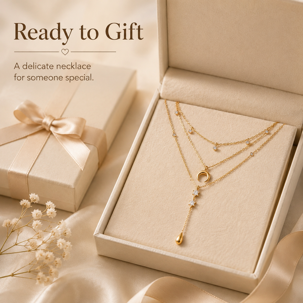 Layered Moon Star Y Necklace Women Stainless Steel Gold Teardrop Lariat Celestial Jewelry